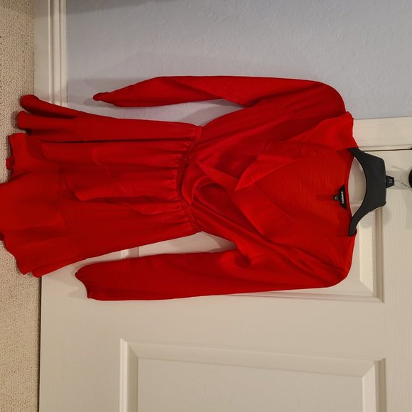 EXPRESS RUFFLE ELASTIC WAIST WRAP DRESS IN RED XXS - Picture 6 of 8